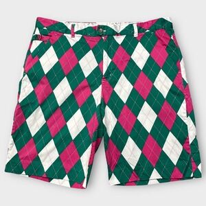 Royal & Awesome Shorts Mens 42 Pink Green White Argyle Golf Fun Patterned Cotton
